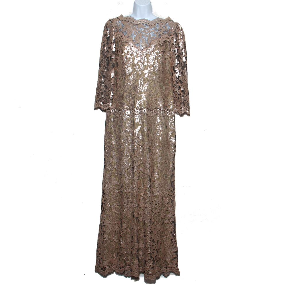 Tadashi Shoji Sequin Gown Size 12 Champagne Gold MISSING BELT
